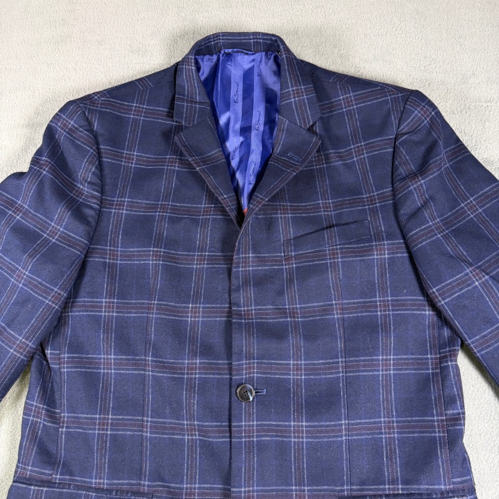 Ben Sherman Mens Navy Blue Windowpane Plaid Two Button Blazer Sport Coat
